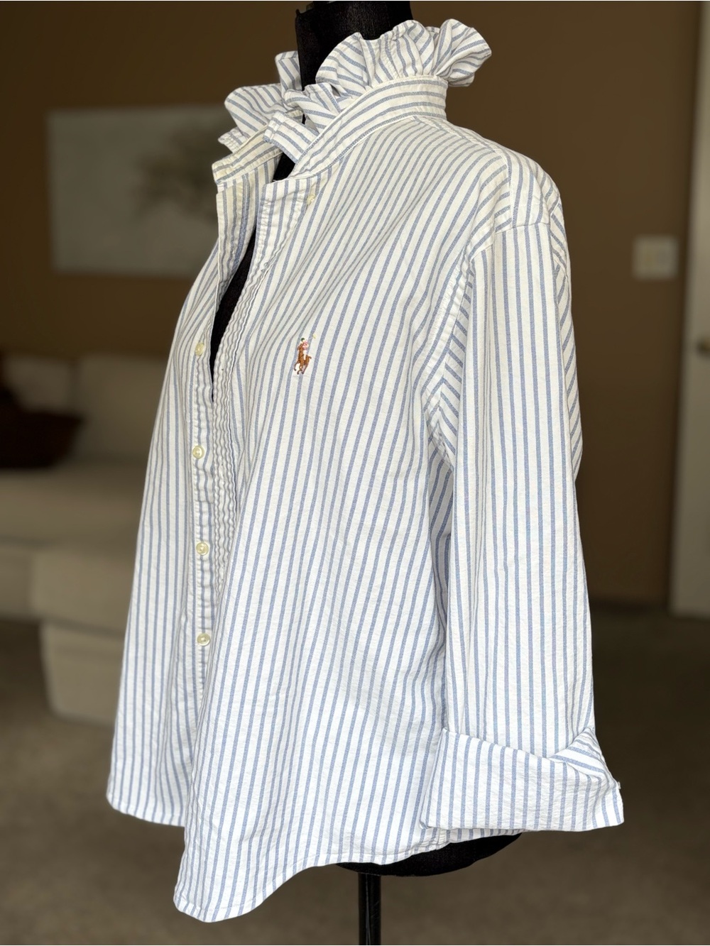 Reworked Ralph Lauren Blue Stripe Ruffle Collar Button-Up Top - Picture 5 of 15
